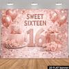 2D Girls Sweet Sixteen Backdrop, Rose Gold Glitter & Cake Photography Banner