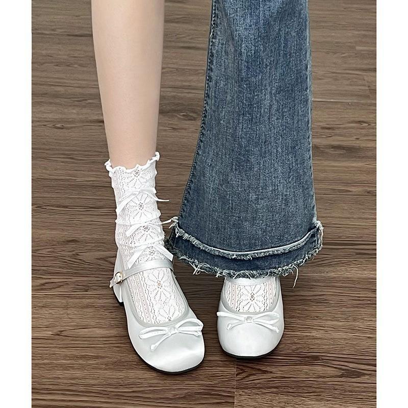 Schößchen Dicker Absatz Einzelne Schuhe Weiblicher Sommer Flacher Mund Runder Kopf Mary Jane Schuhe Modisch und Bequem