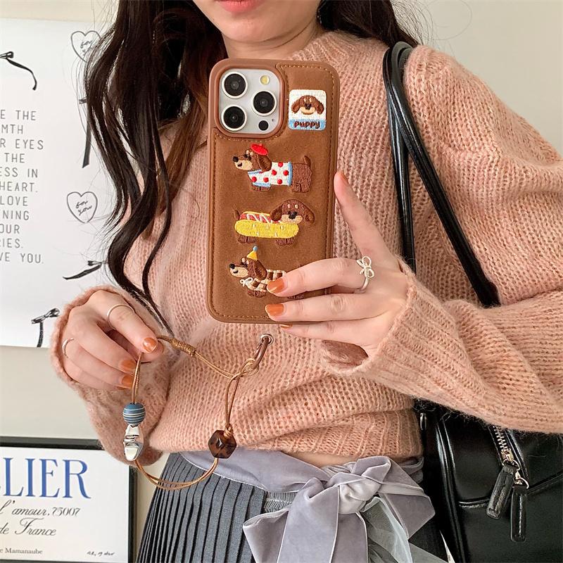New Cartoon Embroidery Dog Cats Colorful Phone Case For iPhone 17 14 15 16 Pro Max 16 Cute Furry Plush Winter Shockproof Cover