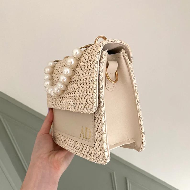 Straw bag with pearl zip bag with personalized name for bridesmaid gifts