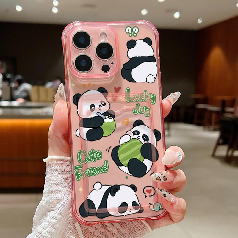 Cute Pandas Print Clear Card Slot Case For iPhone 16 Pro 15 Pro
