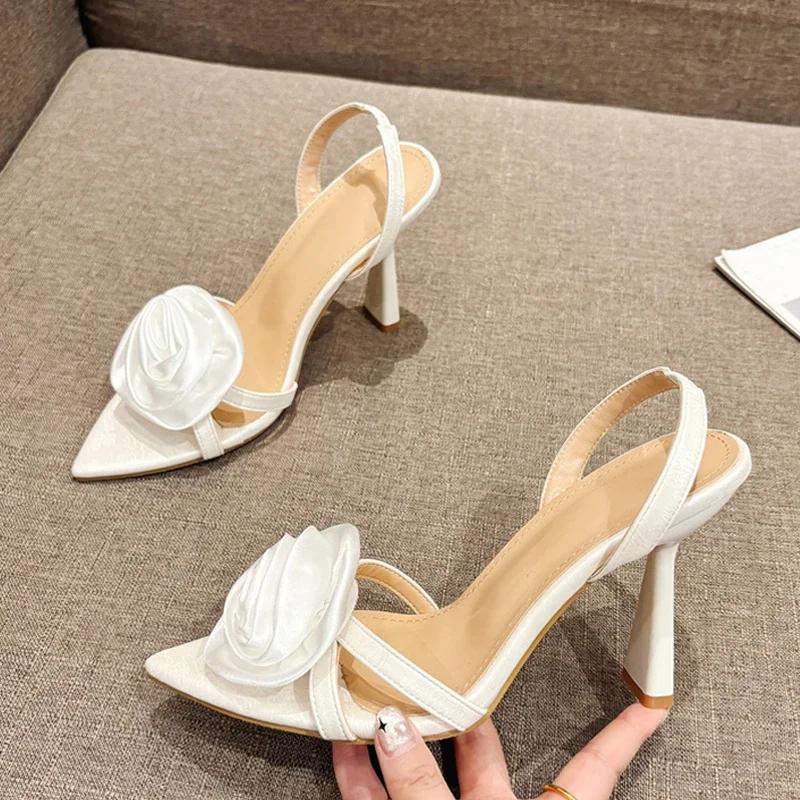 Fashion Summer Fashion Silk Rose Flowers Back Strap Heeled Sandals Women Pointed Open Toe Red High Heels Wedding Prom Shoe Zapatos Mujer
