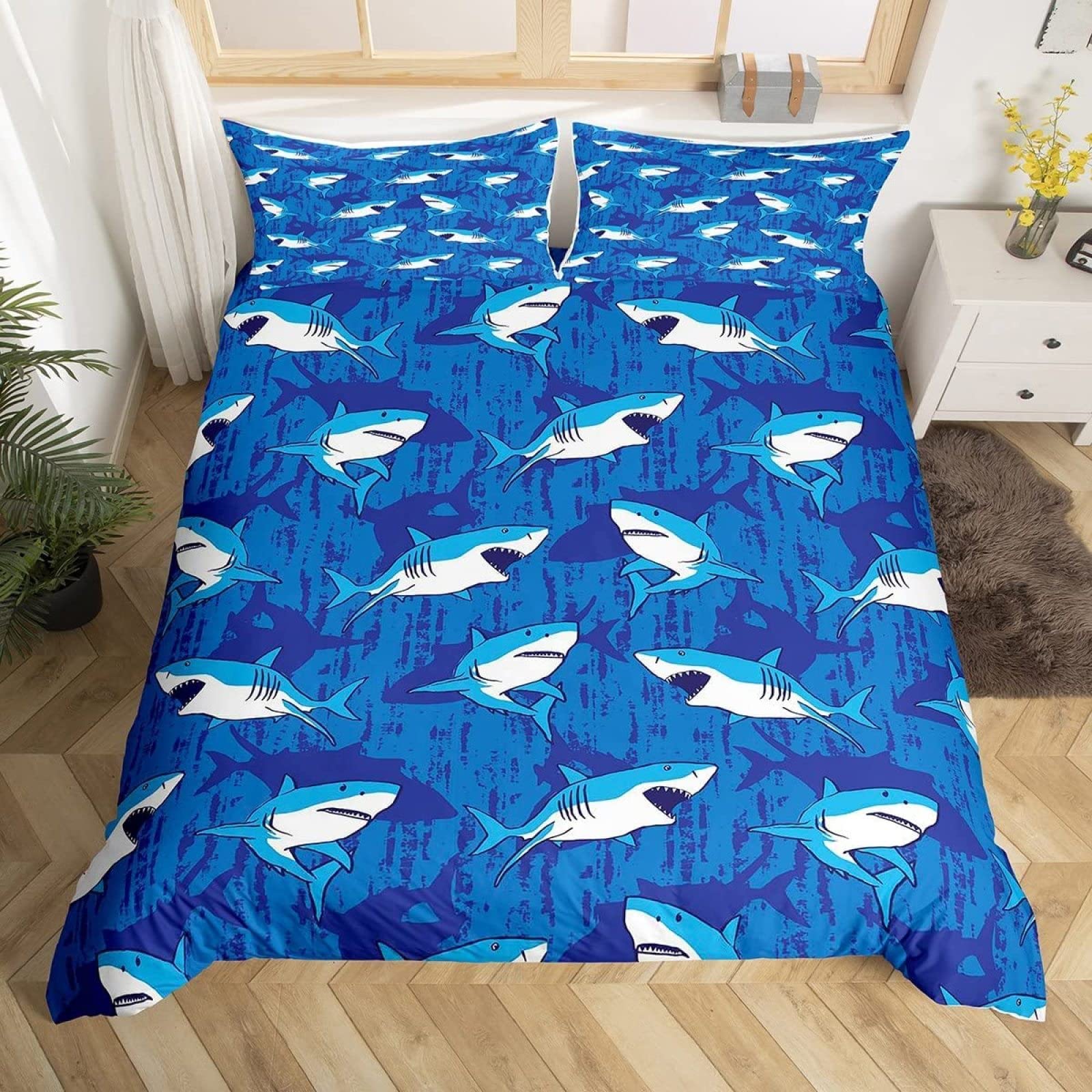 Shark Duvet Cover Set Cartoon Ocean Sharks Hand Drawn Bedding For Kids Boys Girls Deep Sea Animal Theme EU single(135x200cm)