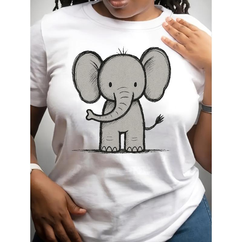 

Женская повседневная футболка с коротким рукавом, европейский размер - Милый топ с принтом слона, круглый вырез, дышащая ткань со средней эластичностью, для весны, лета, осени S белый