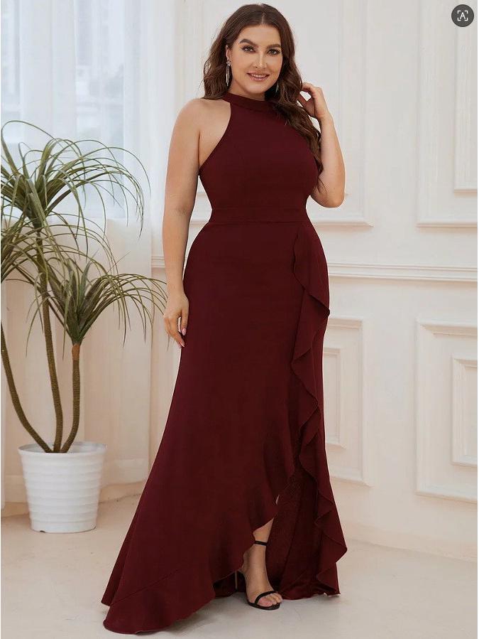 European & American Split Fashion Solid Color Round Neck Long Dress