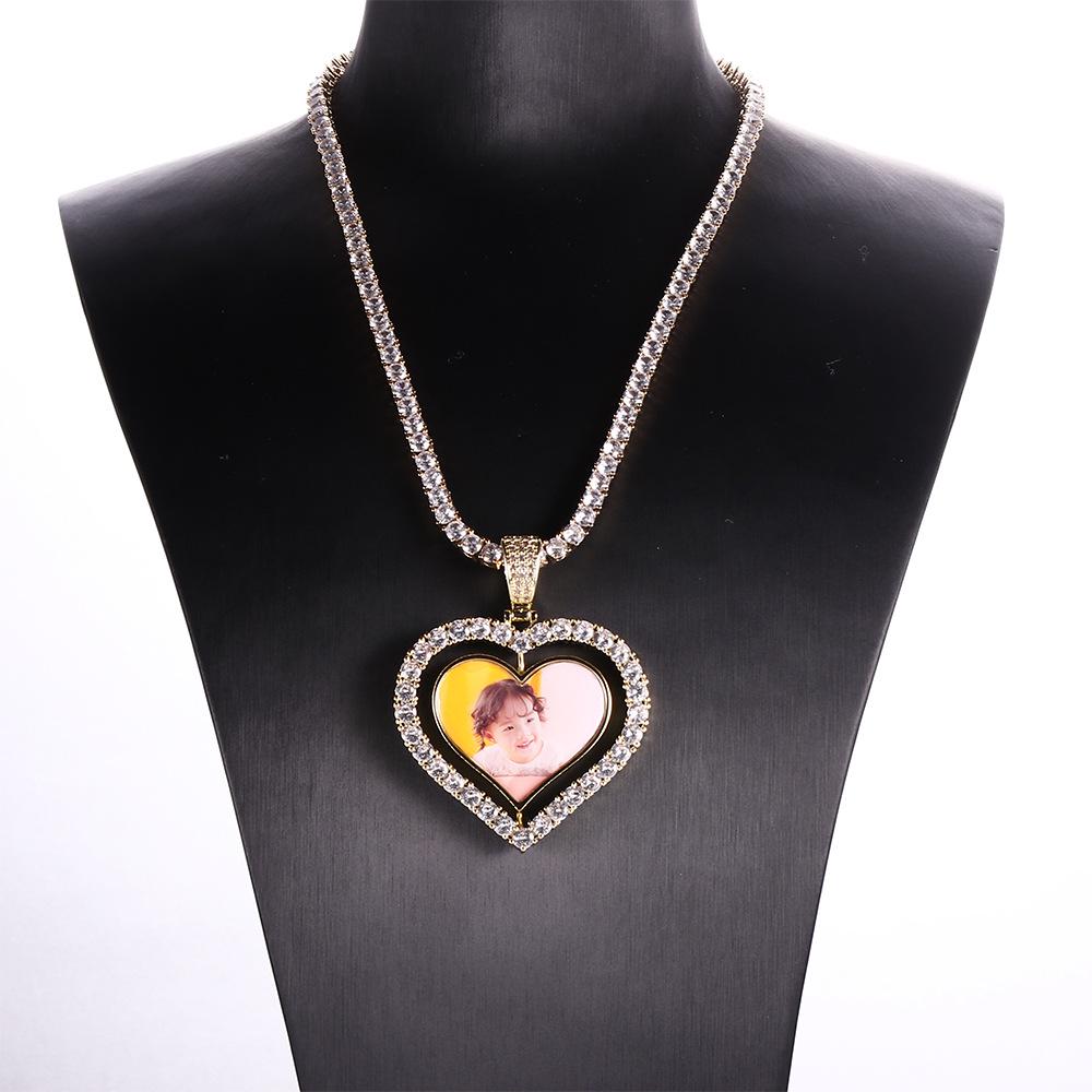 Rotatable Double-Sided Heart Photo Pendant Necklace with Zirconium Inlay - Yunyi Jewelry