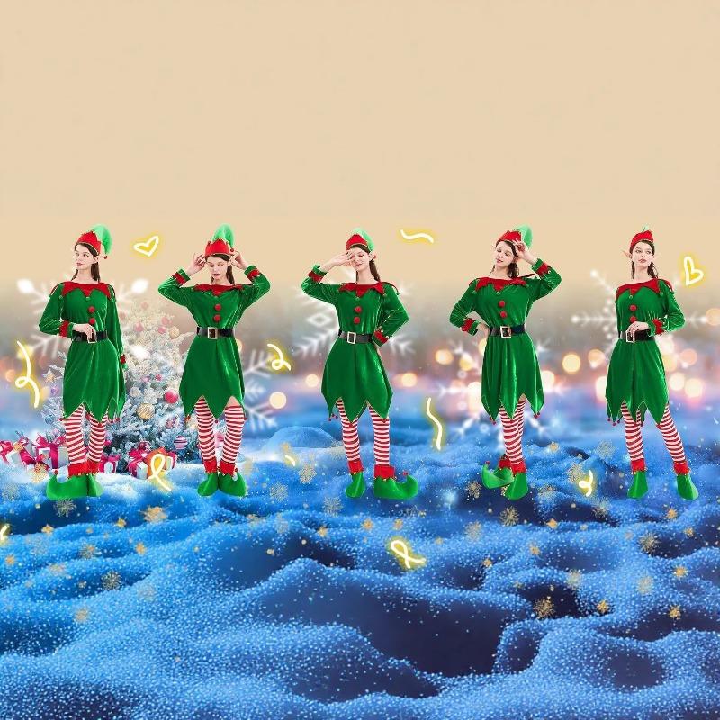 Adult Men's and Women's Christmas Elf Costume Dress Green Elf Costume Christmas Performance Costume