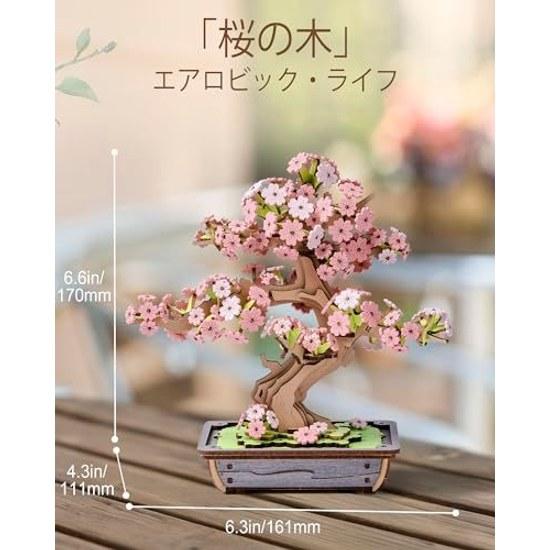 ROBOTIME 3D Wooden Puzzle Cherry Blossom Bonsai Evergreen Pine Assembly DIY Craft Plant Collection Architectural Model Japanese Interior Kit Hobby Toy