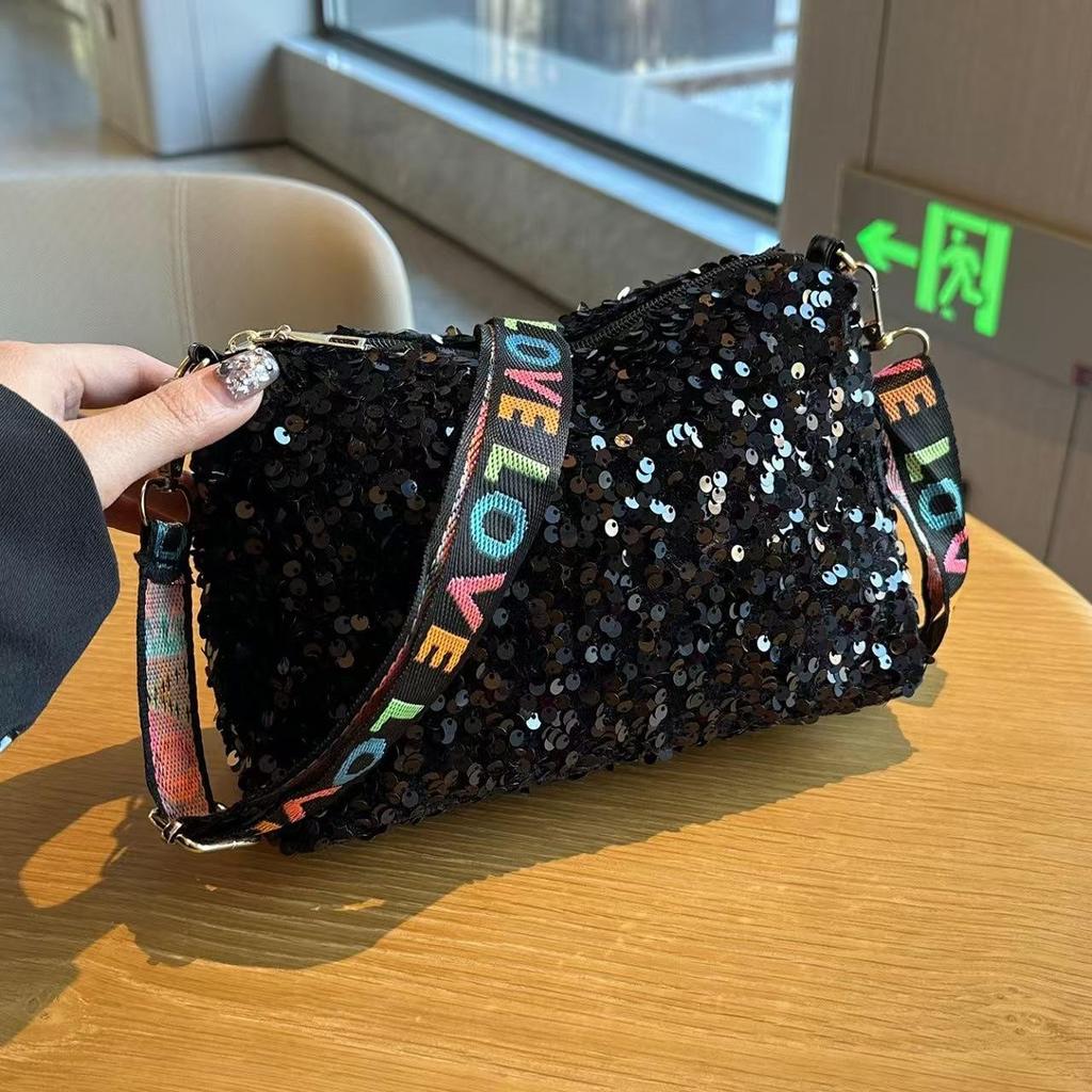 Yogodlns Luxury Women Sequins Wide Strap Shoulder Bag Fashion Shine Casual Crossbody  Bag Female Hip Hop Belt Bags Trend