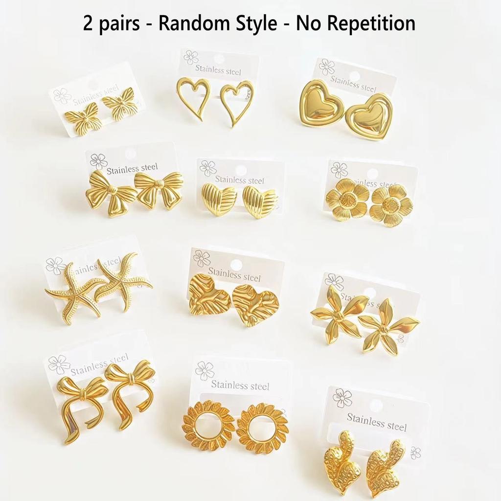 2-8 Pairs 18k Gold Plated Stainless Steel Love Statement Heart Bow Flower Water Droplets Shaped Classic Multi-Style Stud Earring