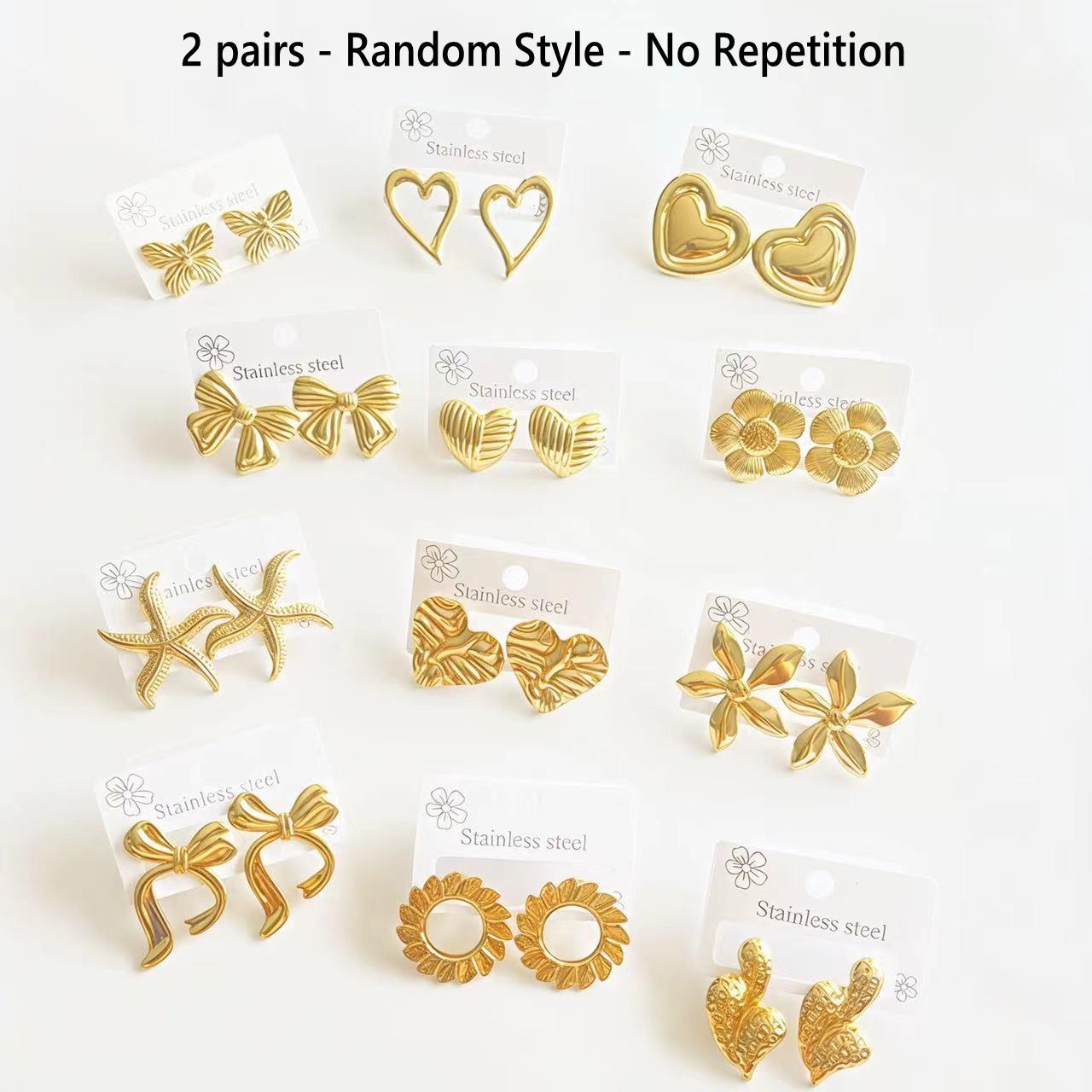 

2-8 Pairs 18k Gold Plated Stainless Steel Love Statement Heart Bow Flower Water Droplets Shaped Classic Multi-Style Stud Earring