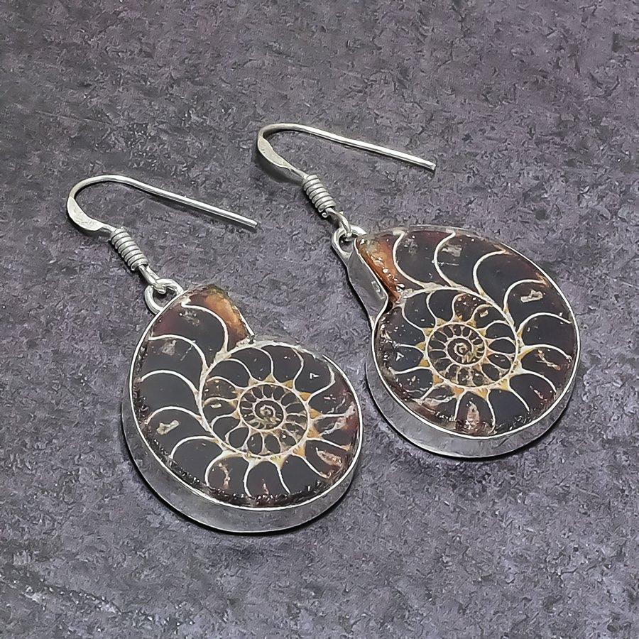 Ammonite Fossil Gemstone Handmade 925 Sterling Silver Jewelry Earring 1.89" H2w65
