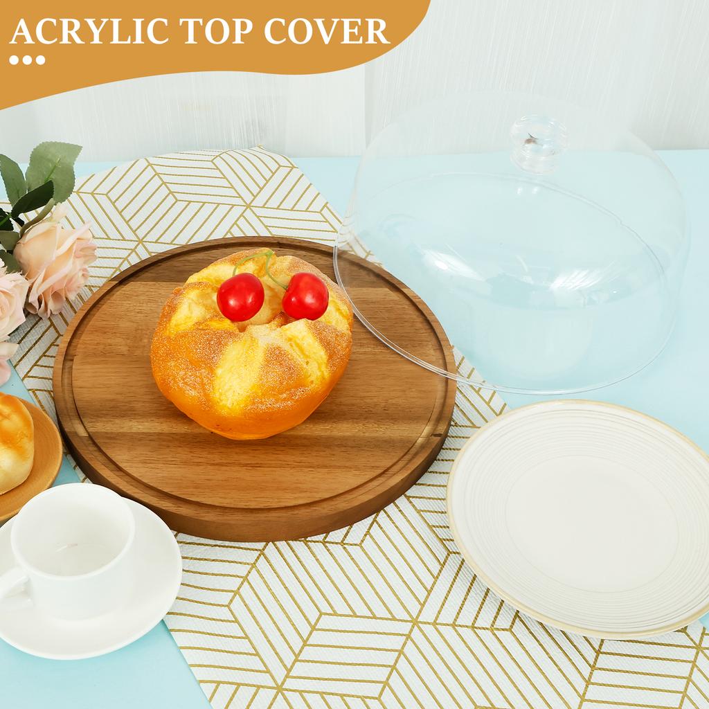 Wooden Cake Stand Round Wood Cake Plate with Acrylic Lids Decorative Cake Holder Multi-functional Dessert Platter for Birthdays