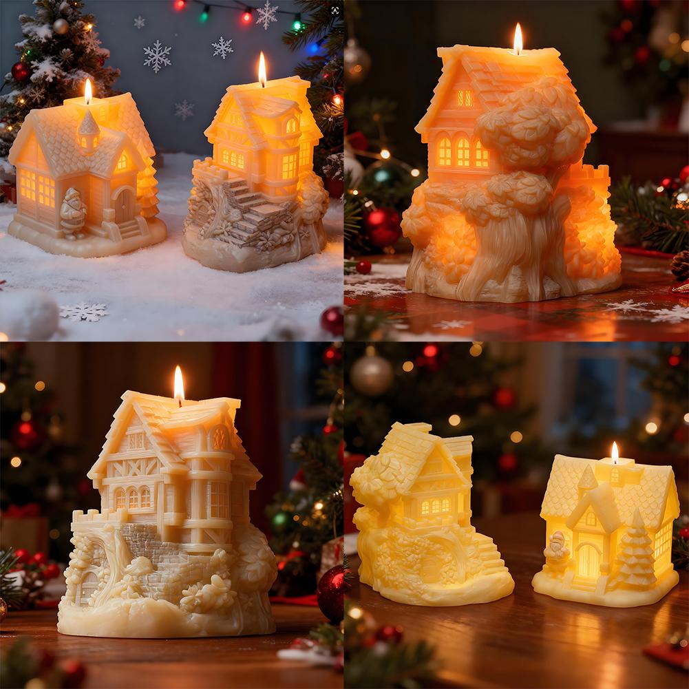 3D Christmas Cottage Tree House Candle Silicone Mold DIY Cute Xmas Ornaments Desk Decor Mould Making Tool