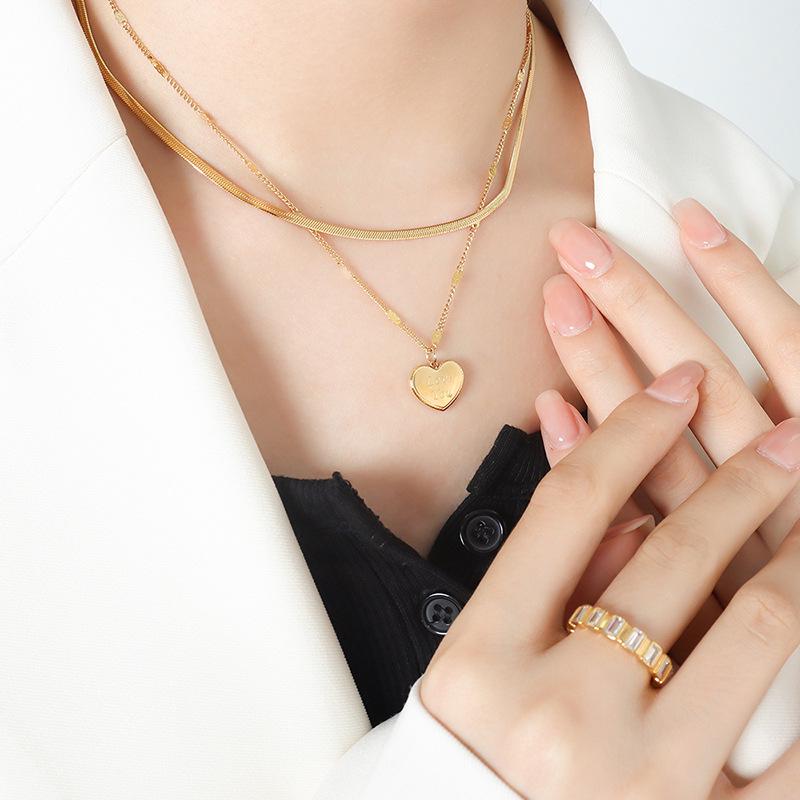 Double Layer Heart Pendant Titanium Necklace - Hip Hop Style, Non-fading Fashion Clavicle Chain for Women