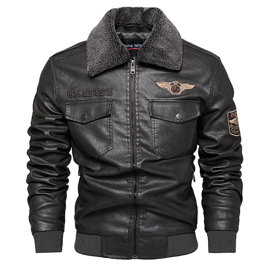 Men's Leather Jacket Men's Autumn and Winter Lapel Fleece Trend Large Size Locomotive PU Leather Jacket Men's Clothing