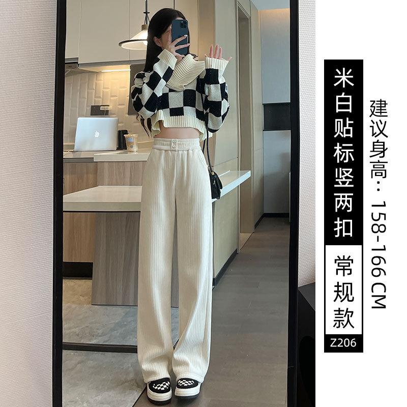 Black Chenier Wide Leg Pants Women's Pants Autumn and Winter Fleece Thickened Straight Pants Casual Skinny Corduroy Pants