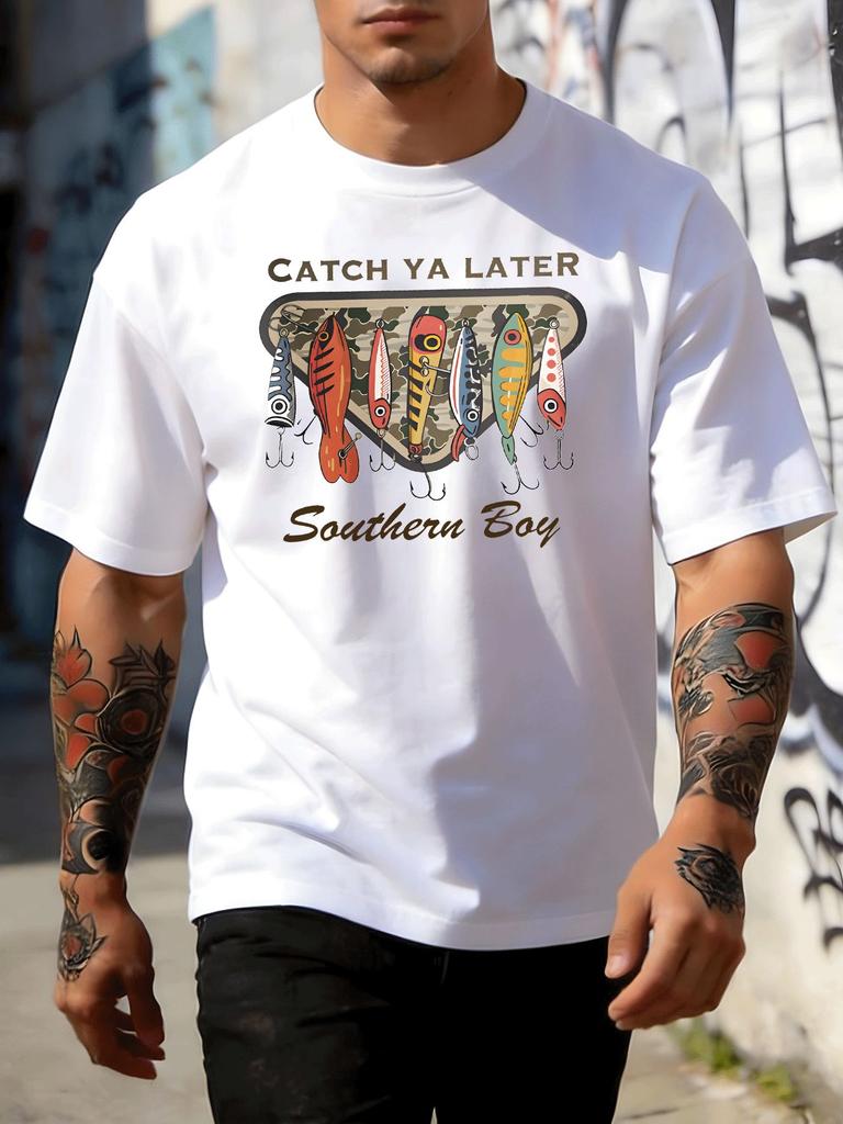 Unisexs FisherUnisex Short Sleeve Tee Vintage Fish Lure Southern Boy Print White Crew Loose Soft Outdoor Summer Daily Casual Wear Top