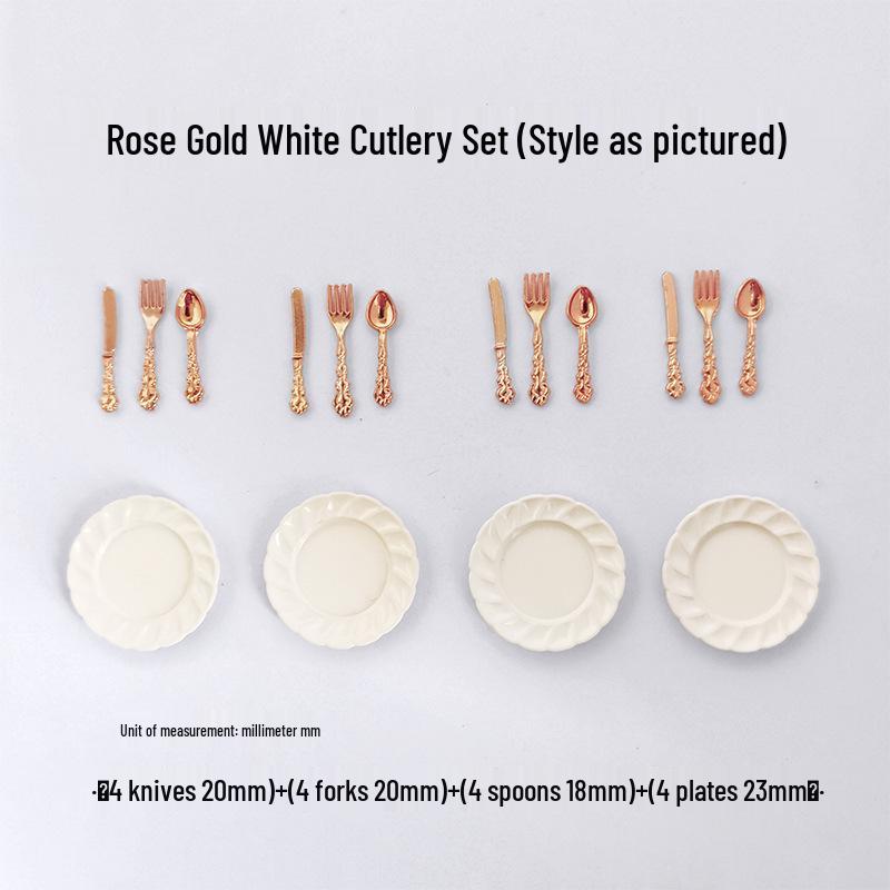 

Miniature Dollhouse DIY Model Cake Set: Alloy Plate, Knife, Fork & Spoon Props 1:12/1:6