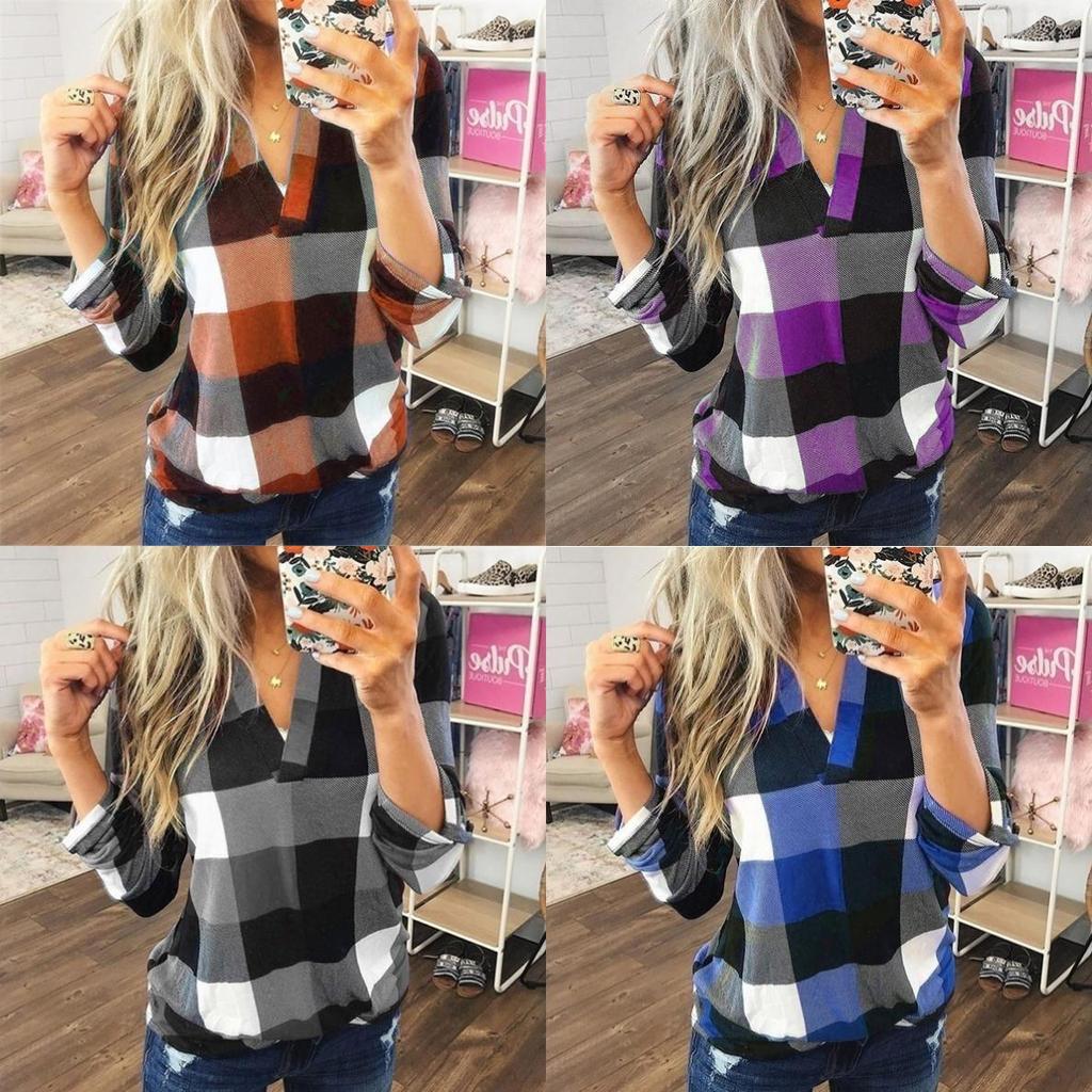 Casual Cotton Blend Plaid Shirt With Printed Vneck For Womens Office Wear