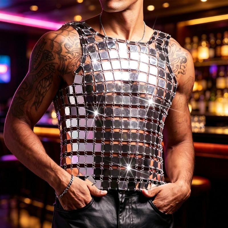 Metallic Mirror Tile Body Jewelry Top Open Grid Styling Accent for Festival Party Clubwear and Stage Styling Looks