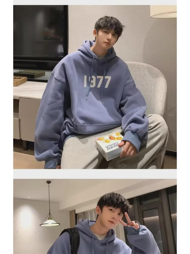 1977 American Fashion Men's Oversized Hooded Sweatshirt - Spring/Autumn, Heavy Velvet, High Street Couple Style.