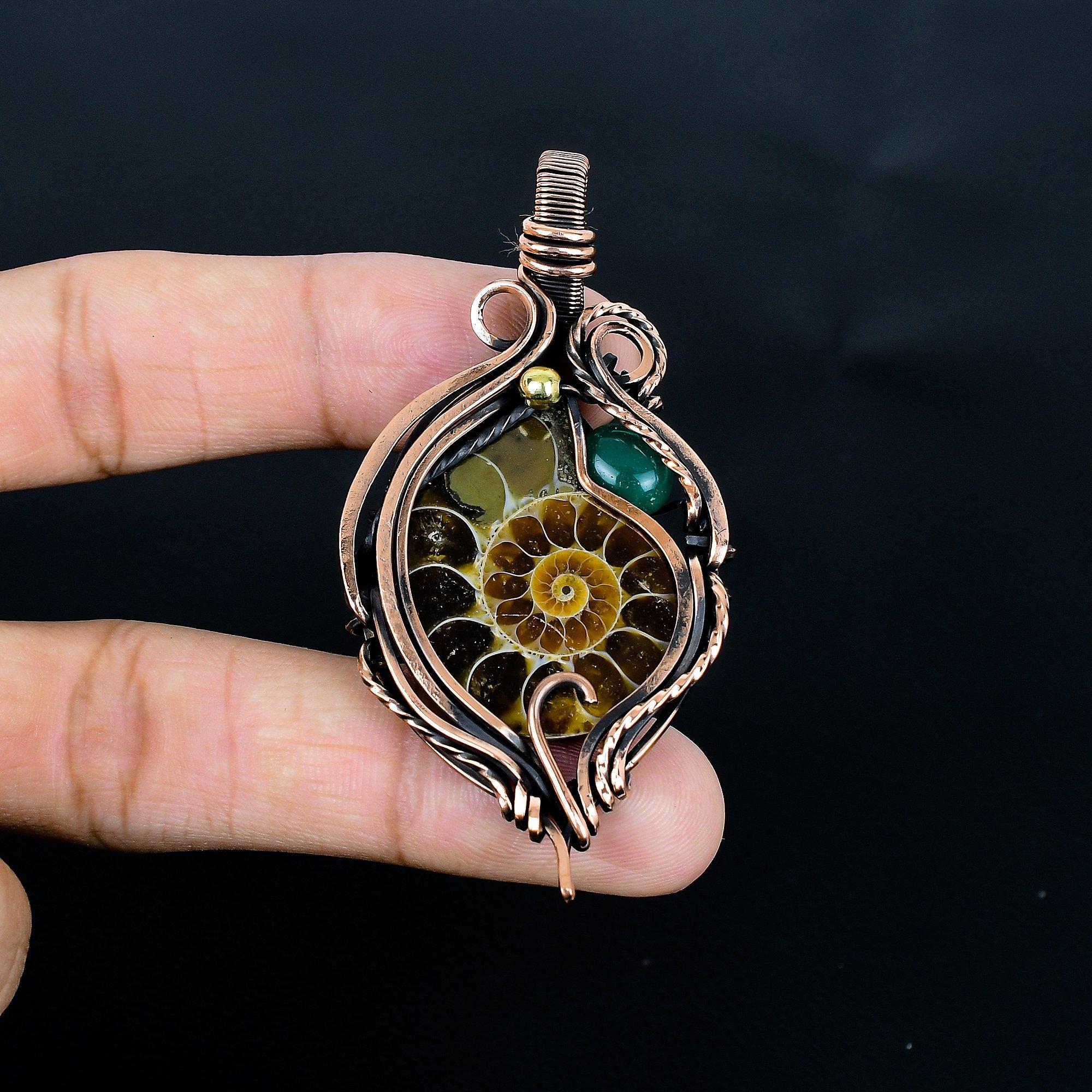 

Ammonite Fossil & Green Chalcedony 999 Copper Wire Wrapped Pendant, Handmade Gemstone Jewelry Pendant For Memorial Day 2.55 Inches