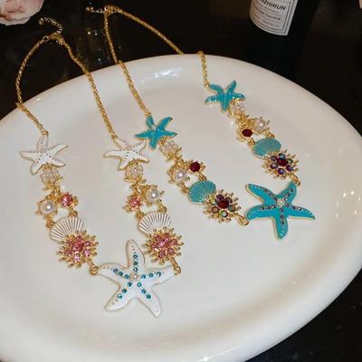 New Starfish Shell Pendant Chain Necklace Shining Retro Temperament Boho Choker Jewelry Bead Pearl Necklace Female Fashion