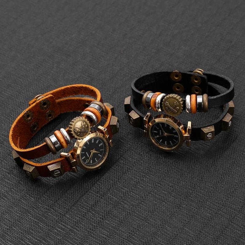 Vintage Punk Mens Leather Watch With Handmade Beaded Band Digital Quartz Wristwatch Adults