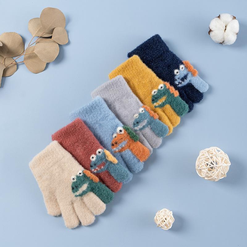 Children's wool gloves Primary school students autumn and winter outdoor riding cute cartoon dinosaur knitted warm finger gloves