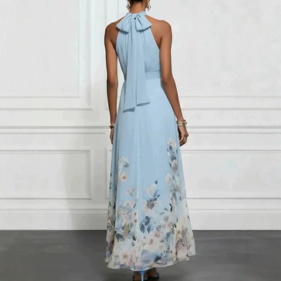 2026 New European and American Neck Sleeveless Lace-up Printed Elegant Temperament Long Dress