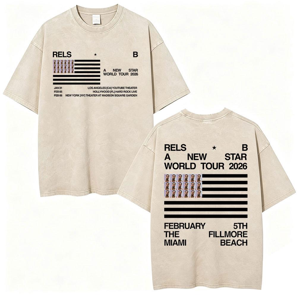 Rapper Rels B A New Star World Tour 2026 Vintage Washed Tshirts Mens Women Clothing Fashion Hip Hop ONeck T Shirts Streetwear
