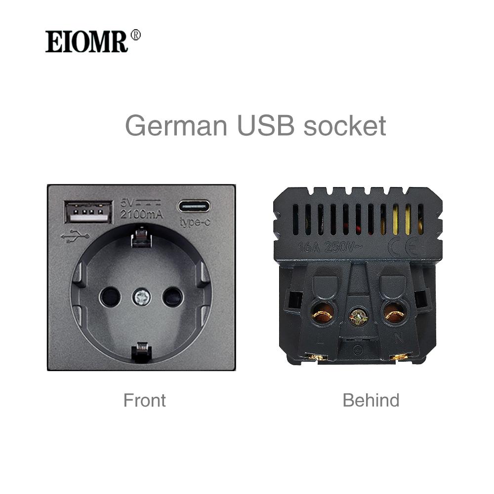 EIOMR A6 Series Grey Flame Retardant PC Panel Wall Switch EU Socket HDMI-compatible USB Type-C 2.1A Charger TV RJ45 Module DIY