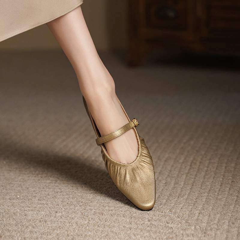 Krazing Pot Sheep Skin Summer Spring Autumn Low Heels Women Square Toe Mary Janes Shallow Pleated Decoration Pumps