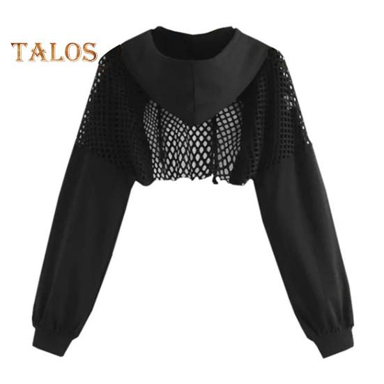 Women Hoodir Hollow Out Mesh Patchwor Hooded Long Sleeves Drawstring Waist Exposure Solid Color Streetwear Club Party Cropped Top