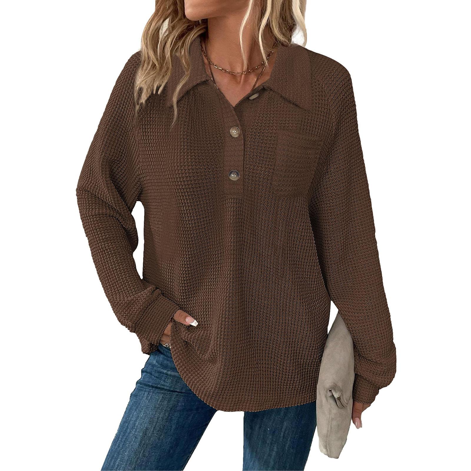 

Women s Fashion Long-Sleeve Solid-Color Collared T-Shirt With Button-Up Front And Pocketed Casual Sweatshirt Top M
