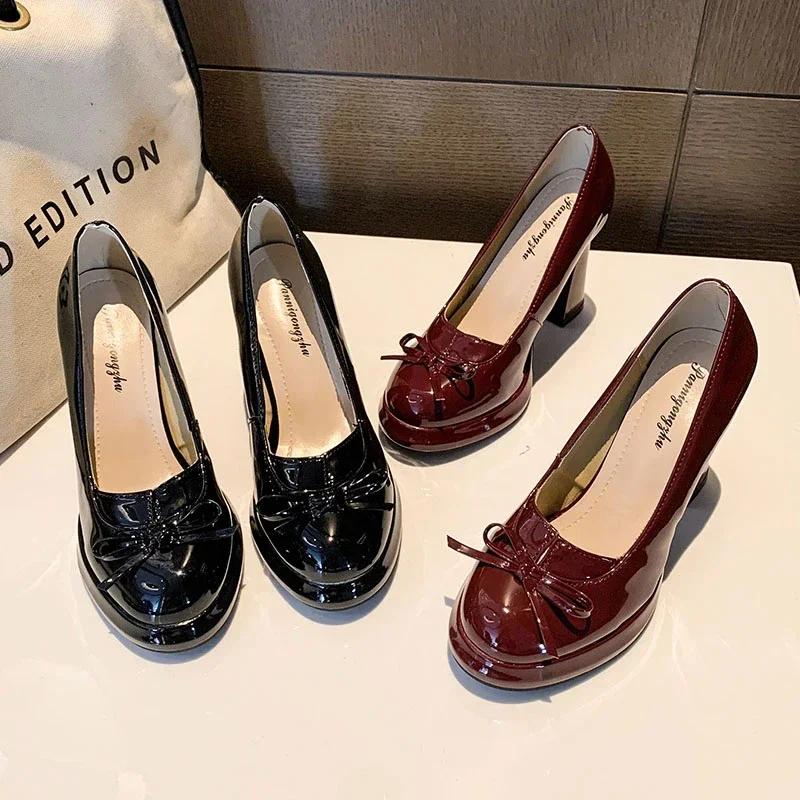 Fashion 2025Women's Fashion Thick  Autumn New Square Head Shallow Mouth Butterfly Knot Platform Slip-on Heels