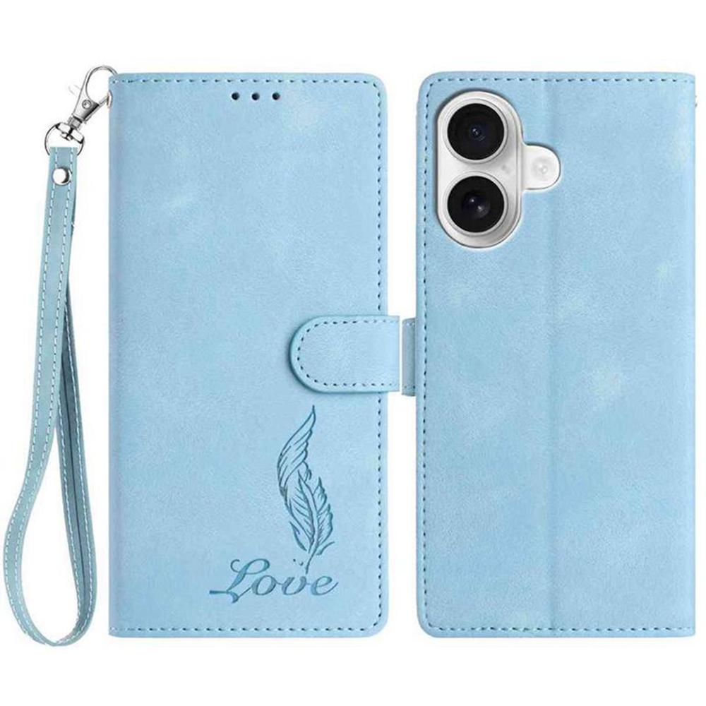 

For iPhone 17 Case Imprinted Feather PU Leather Wallet Phone Cover with Wrist Strap Sky Blue