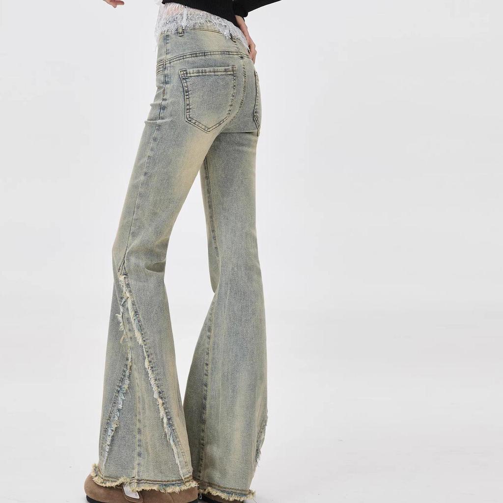 Spicy Girl Retro High-Waisted Flare Jeans for Women - Frayed Hem, Spliced Design, Slim Fit, Elongating Effect