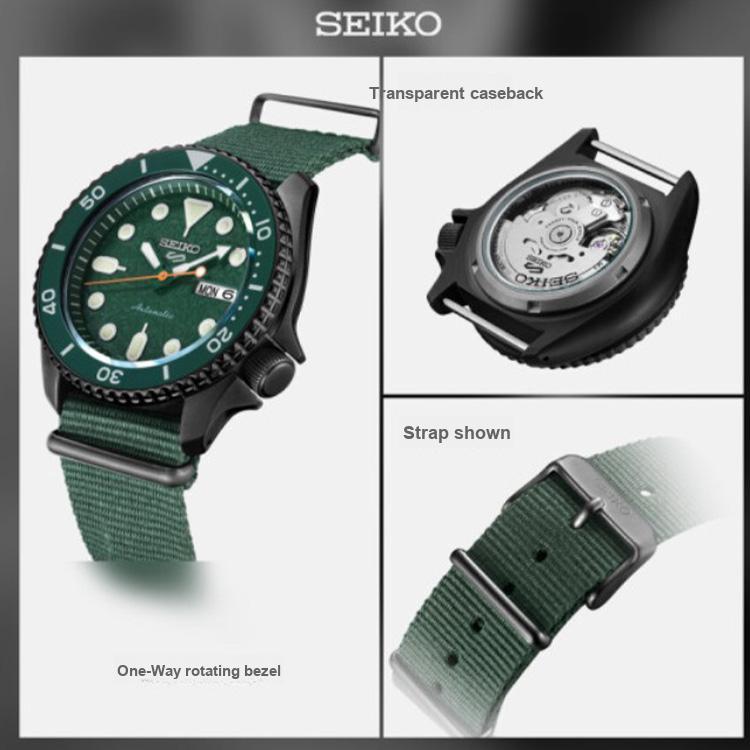 Seiko 5 Oriental Green Water Ghost Black Water Ghost Series Fashion Sports Diving Watch Manual Dual Calendar Mechanical Movement Nylon Strap SRPD77K1