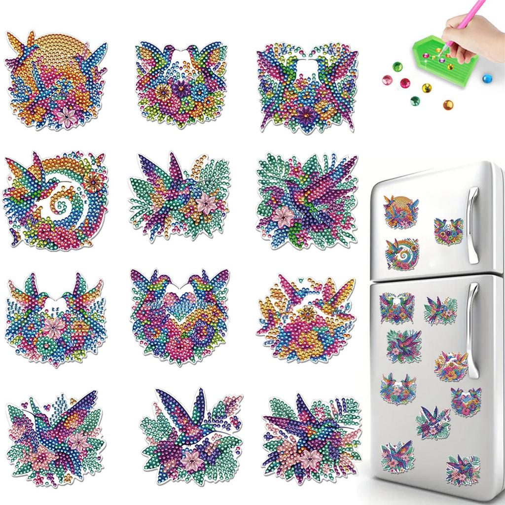 12Pcs Diamond Painting Kits Rhinestone Refrigerator Gem Crafts Diamond Art Magnets Refrigerator Magnet for Decor Gift
