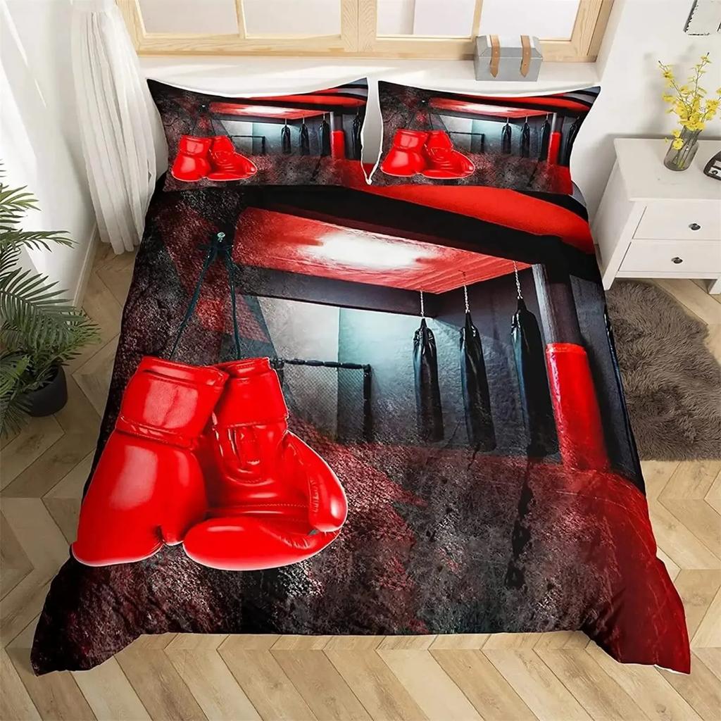 Adult Boxing Duvet Cover Set Queen,Sports Games Theme Bedding Sets Boxing Gloves Quilt Cover,Athlete Silhouette Comforter Cover