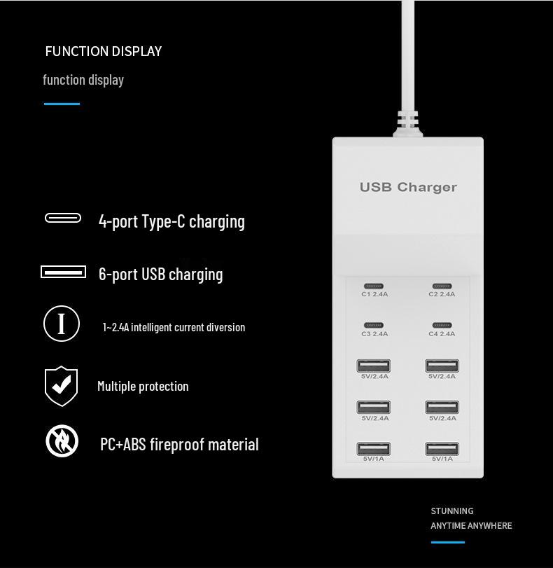 10-Port USB-C Fast Charger Power Strip, 5V2A, Safe Socket for Apple, Huawei, Xiaomi