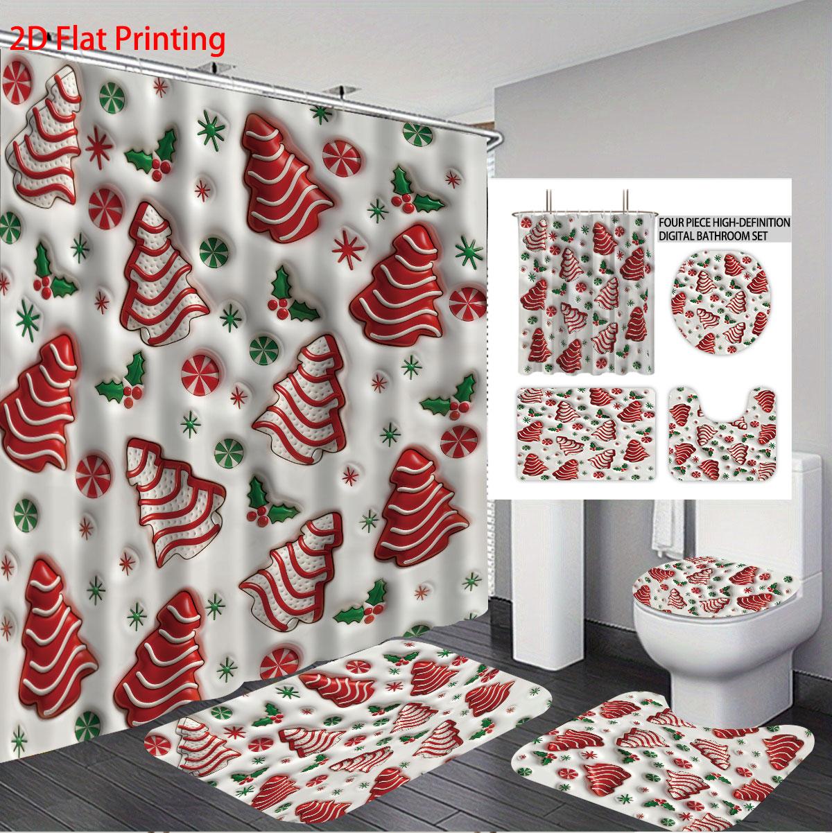 

4pcs Christmas colored candy printed bathroom set 180x180 waterproof shower curtain, floor mat, toilet seat mat, U-shaped mat