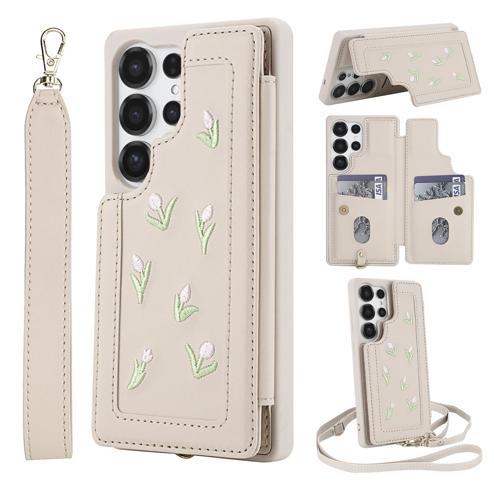 

For Samsung Galaxy S24 Ultra Case Embroidered Tulips PU Leather Card Holder Back Cover with Shoulder Strap/Wrist Strap