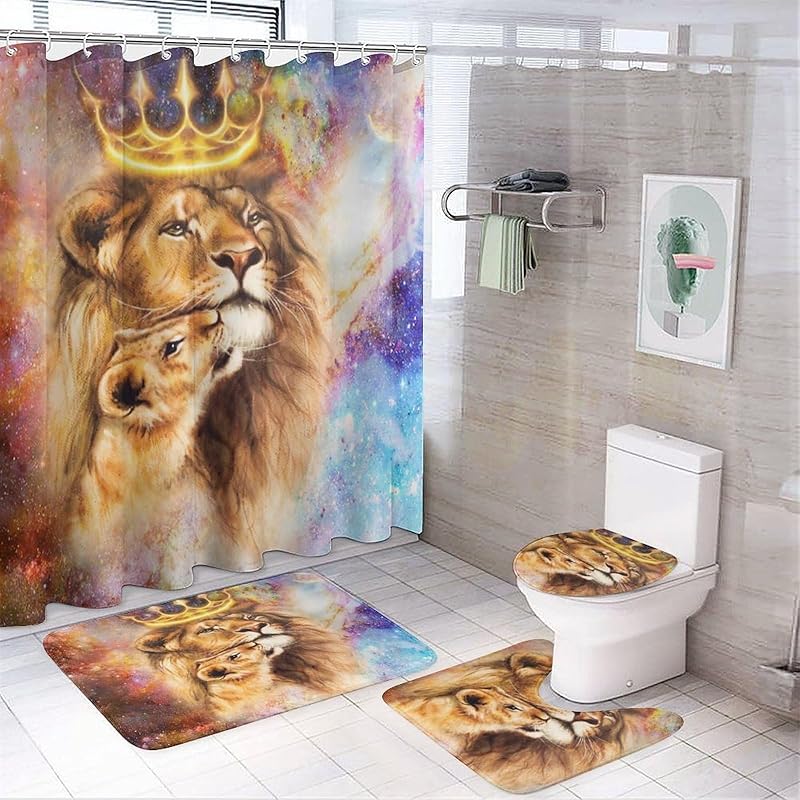 Rustic African Lion 4 Pcs Waterproof Shower Curtain Set,Summer Tropical Jungle Wildlife Lion Father and Son with Waterproof Toilet Cover Shower Mat