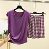 Ladies' Casual And Comfortable Round Neck Solid Color Top With Checkered Printed Shorts Plus Size Set