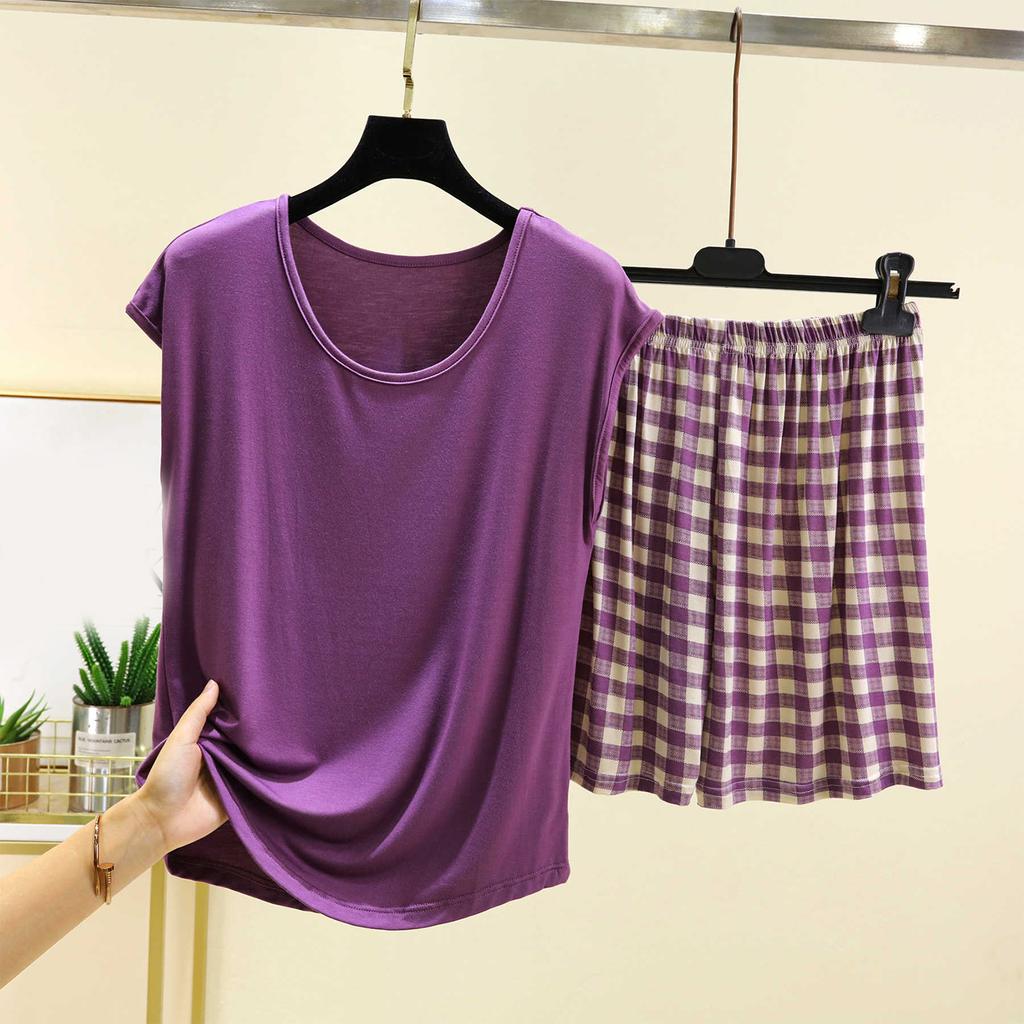 Ladies' Casual And Comfortable Round Neck Solid Color Top With Checkered Printed Shorts Plus Size Set