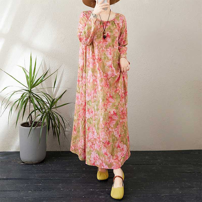 New Round Neck Minimalist Long Sleeve Extra Long Dress Vacation Style