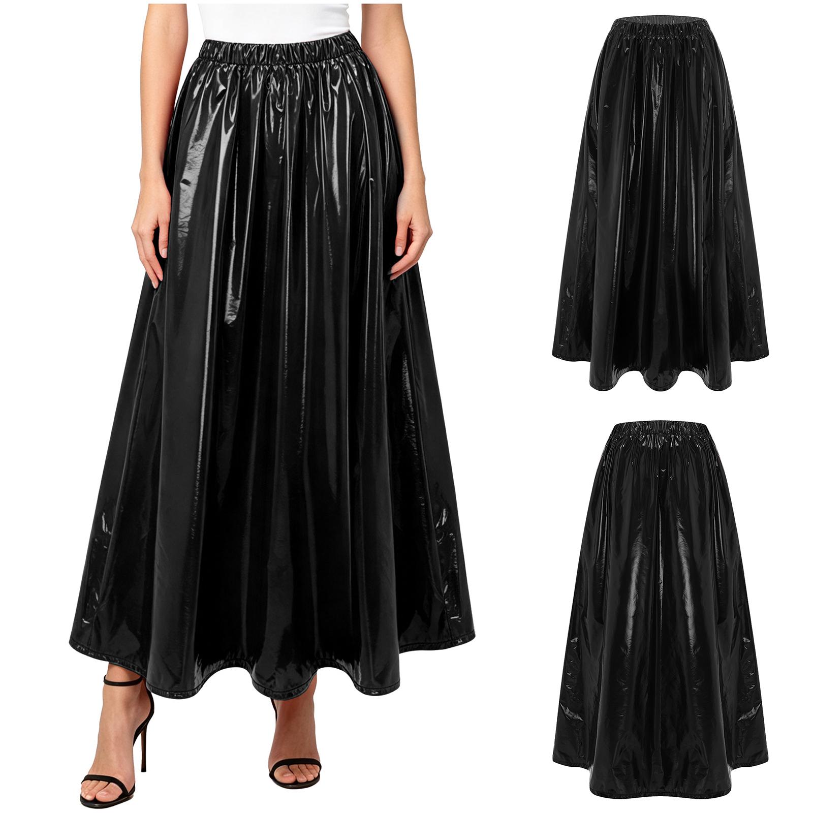 Damen Wasserdichter Vinyl Schwingender Langer Rock Elastischer Bund Glänzendes Maxi Überwurf für Club Rave Party Strandurlaub S black